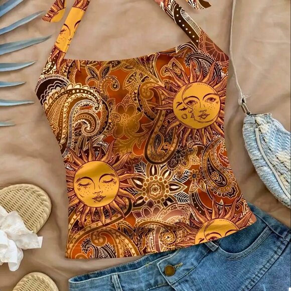 NWOT Golden Sun Paisley Halter Tankini Top Swimsuit, Unlined, Size L - Picture 1 of 6